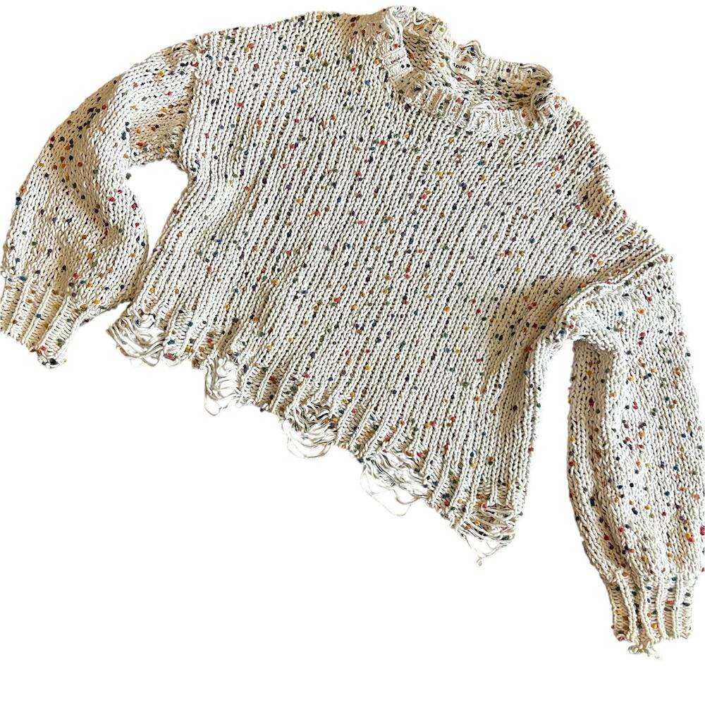 Adora Sweater SZ Med Distressed Rag Multicolor Pom Pom's Oversized Crop Chunky